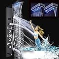 FUZ Contemporary Shower Panel Tower System Stainless Steel 6-Function Faucet LED Rainfall Waterfall Shower Head + Handheld Sprayer + Rain Massage Body Jets + Tub Spout, Black.