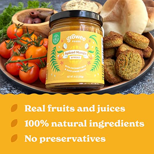 Growee Foods Vegan Spiced Mango Spread, Chili Spiced Veggie Dip, Mango Chutney Sandwich Spread - Sweet, Tangy, And Creamy With Curry Spices, Gluten-Free, Plant-Based, Non-Gmo, Nut-Free - 9 Oz #TOP5