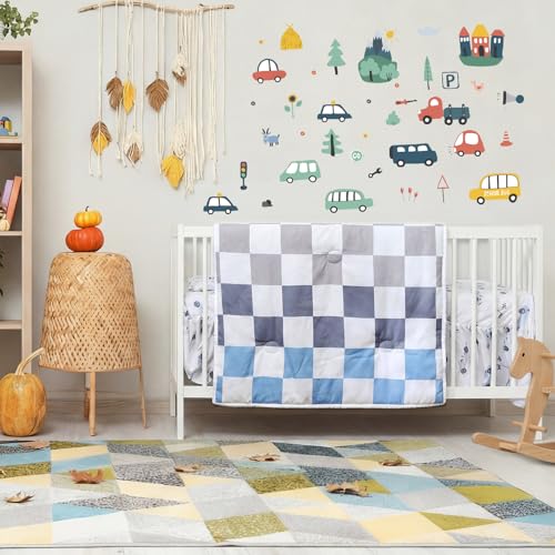 Image of SmoothNovelty 5 Pcs Cars Theme Baby Crib Bedding Set Include Checkered Crib Sheets Bed Skirt Comforter Pad Cover Wall Stickers for Boys Transportation Nursery Room Decoration