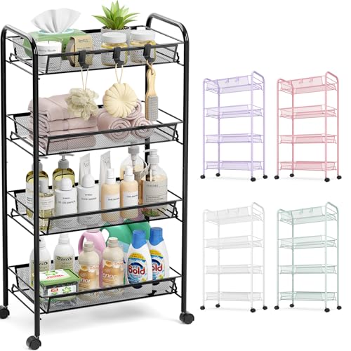 Image of TOOLF 4-Tier Rolling Cart, Metal Utility Cart with 3 Hooks, Easy Assemble Mobile Storage Trolley On Wheels, Metal Shelving Units Kitchen Bathroom Laundry Room