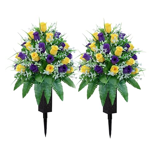 LVXINLI Artificial Cemetery Flowers Gravesite Decoration Roses Memorial Bouquets with Cemetery Vase Vibrant and Long-Lasting Colors Yellow+Purple 2 Bundles