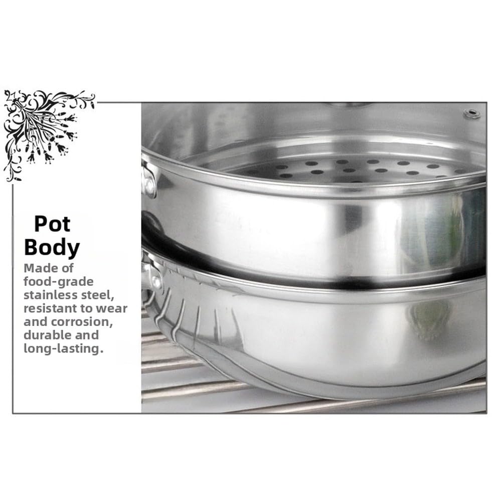 FUBESK - Pentola a vapore a doppio strato in acciaio inox con coperchio in vetro, 28 cm, per zuppe e cucina multiuso, compatibile con fornelli a gas, a induzione e alogeni