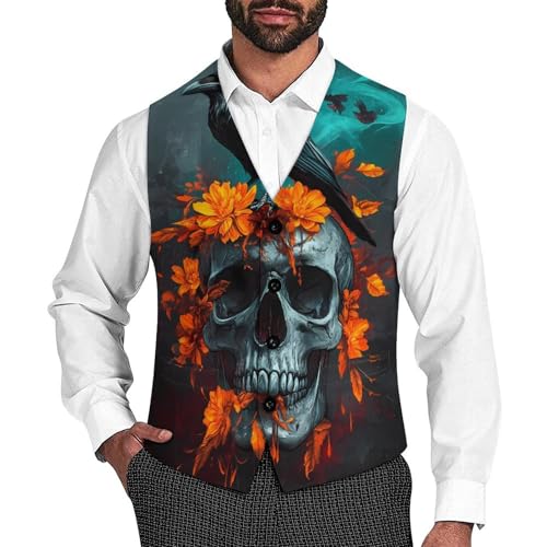 Black Raven On Floral Skull Trendy Vest Suit for Men V Neck Formal Dress Waistcoat Vests Business Slim Fit