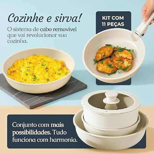 Conjunto de Panelas Antiaderente em Cerâmica, 11 Peças, Rosa, com Cabos Removíveis, Design Empilhável, Tampas de Vidro, Compatível com Fogão a Gás, Elétrico e Indução