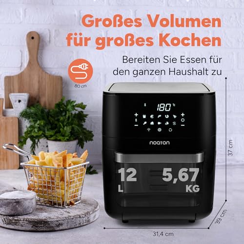 Noaton A120 Ultra Pro Heißluftfritteuse 12L, Fritteuse ohne Öl, Online Rezeptbuch und 26 cm Küchenzange, 1800W, 10 Programme, Digitalem Display, Kompakt, für 1-4 Personen, Schwarz – Bild 3