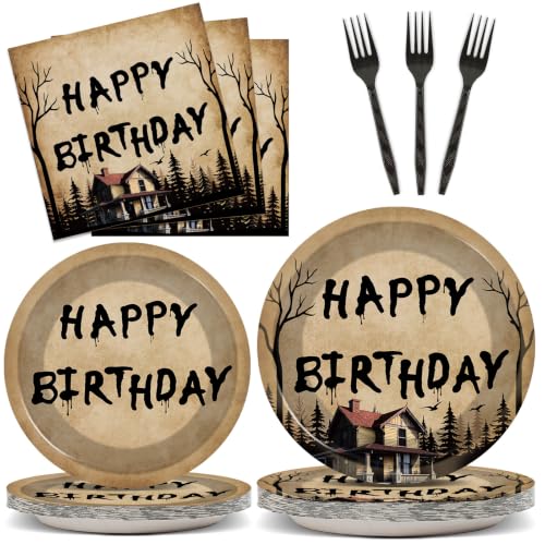 96Pcs Spooky Rustic Alphabet Party Plates and Napkins Retro Scary House Decor Retro Colorful Light Bulbs Paper Dessert Cake Plates Horror Alphabet Tableware Set for Halloween Party Supply 24 Guests