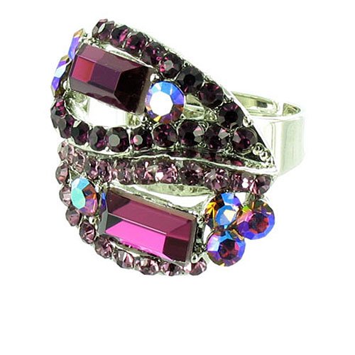 Anillo de cóctel morado plata doble baguette bisutería fina para mujer
