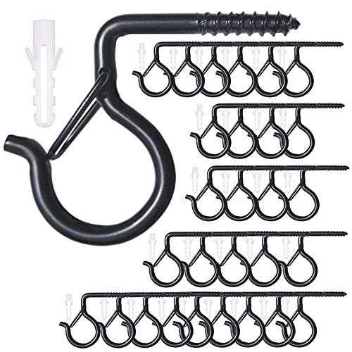 Deckenhaken, 28 Stück, robuste Schraubbügel, Sicherheitsschnalle zum Aufhängen von Deko, Lichtern, Pflanzen, Tassen, Windspiele, für den Innen- und Außenbereich, Schwarz Cover