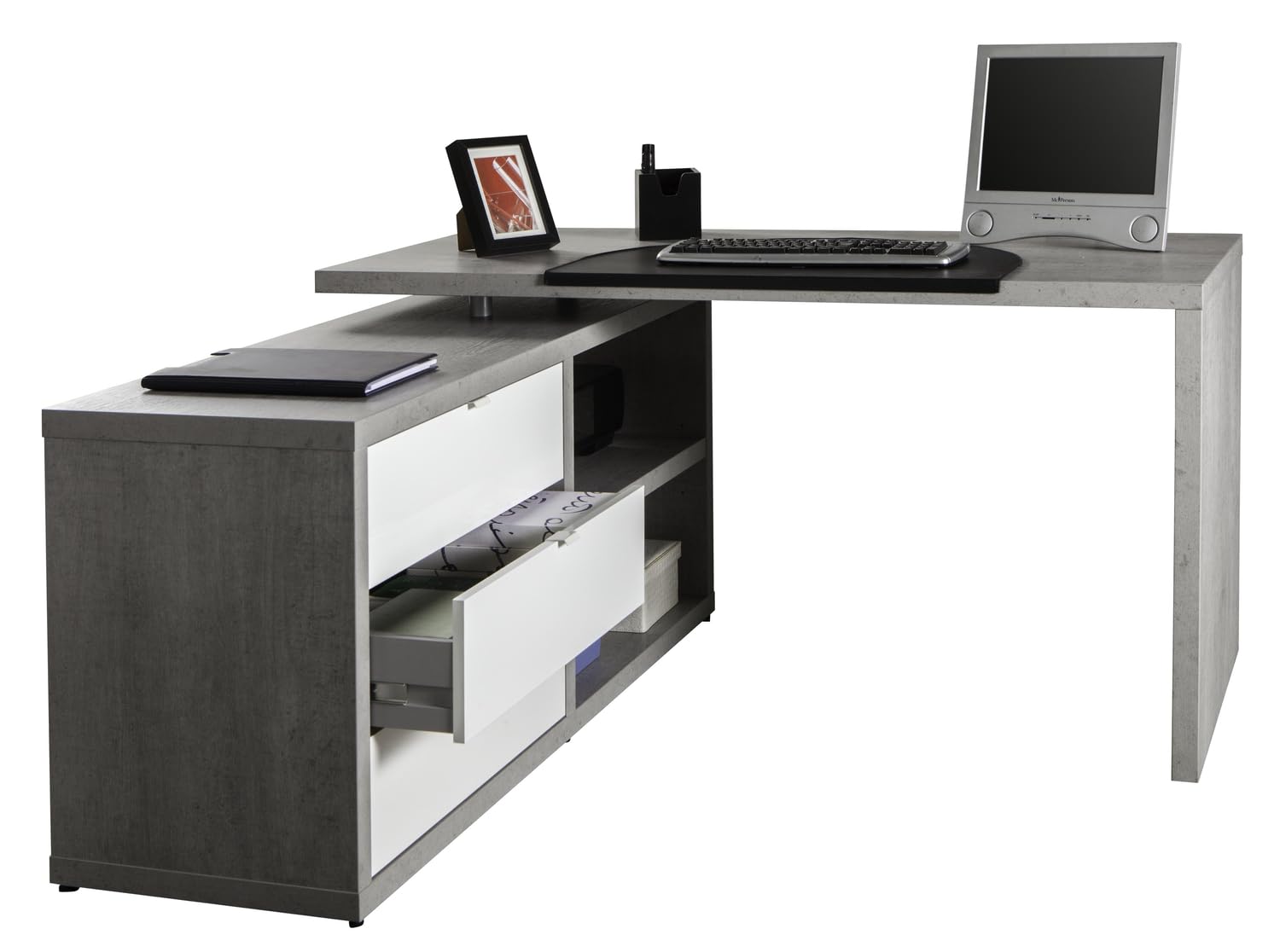 Composad | Scrivania della Linea PRATICO con 3 Cassetti e 2 Vani, Scrivania Angolare con Libreria e Cassetti, (LxAxP) 140x74,20x150 cm, Colore Cemento e Bianco Laccato, Made in Italy