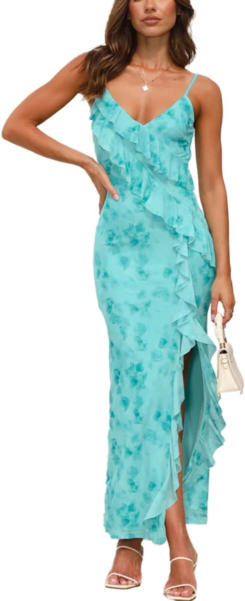 Women Sexy V Neck Spaghetti Strap Mesh Ruffle Bodycon Backless High Slit Cocktail Party Beach Maxi Dress