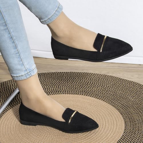 Image of Pointy Toe Penny Loafers for Women Dress Office Work Flats Shoes | Comfortable Women's Faux Suede Leather Slip On Flat Loafers for Driving Business Casual Cute Ballet Shoes