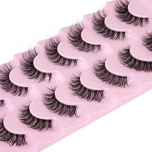 JIMIRE False Eyelashes with Clear Band 3D Fluffy Lashes Natural Look Cat Eye Faux Mink Eyelashes 15MM Medium Length D Curl Eye Lashes Pack 7 Pairs