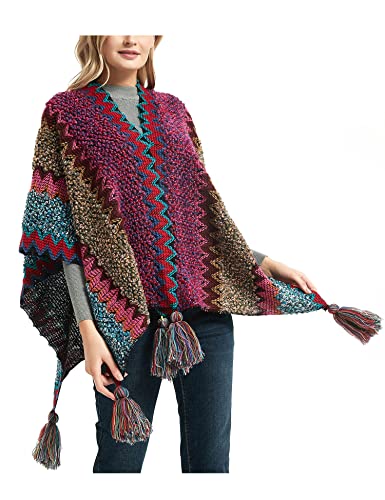 HaoMay Women's Ethnic Open Front Shawl Cape Wool Woven Tassel Poncho