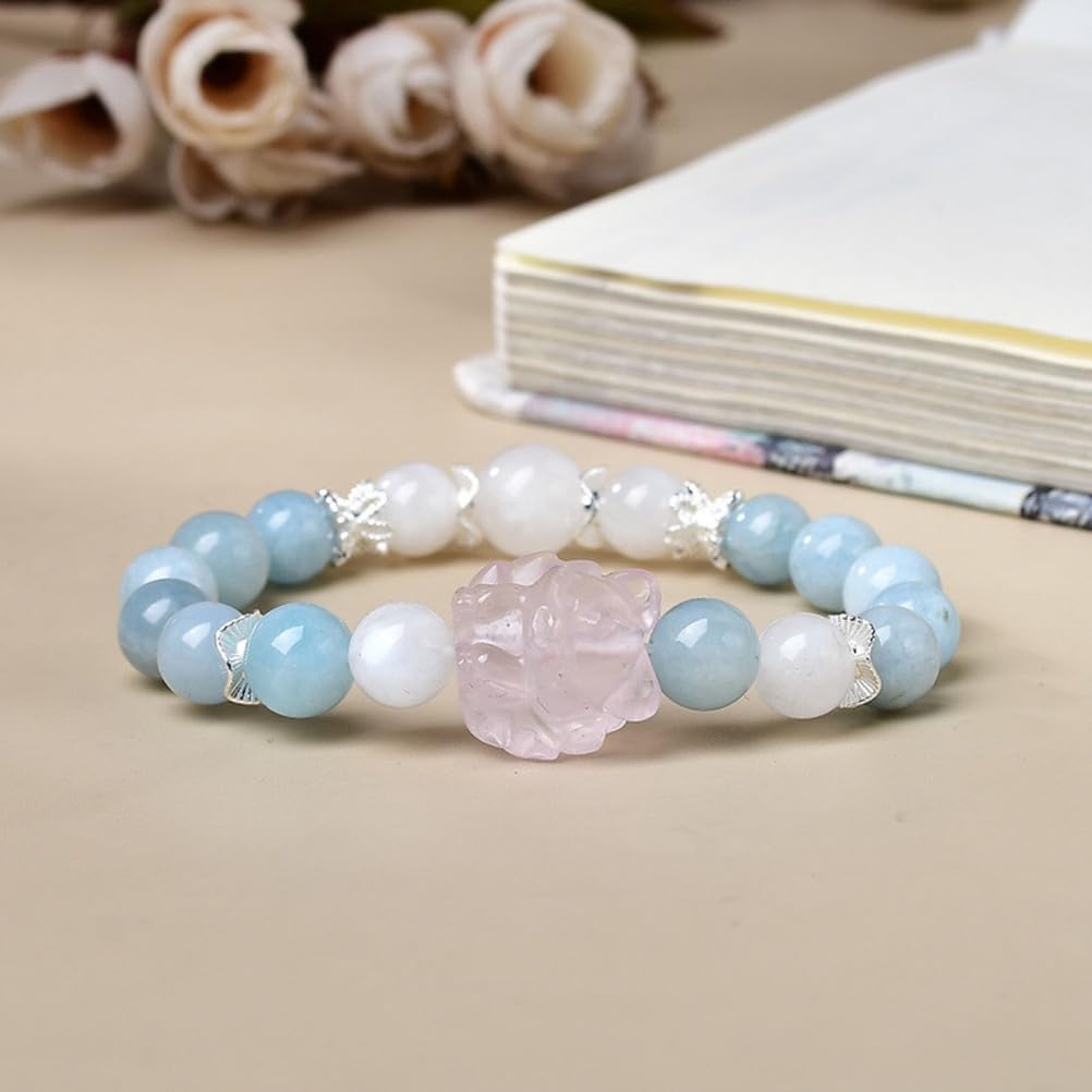 Bracciale con Acquamarina curativa Naturale al Quarzo Rosa, bracciali Elasticizzati con Pietre preziose autentiche per Donne Uomini Unisex, Cristalli di energia Naturale Perline