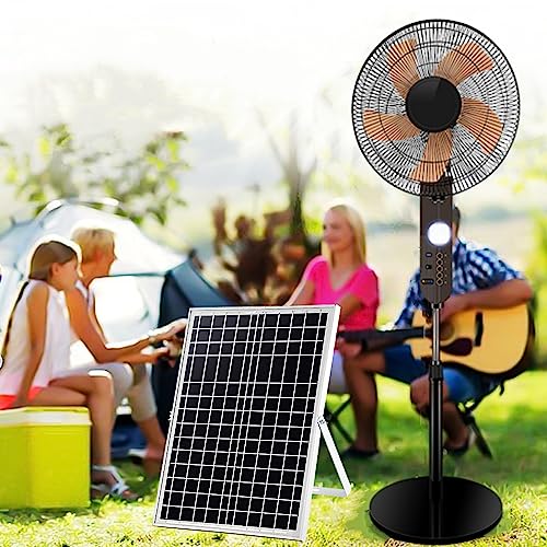 Ventilador de pie inalámbrico para camping, ventilador solar de pedestal con luz LED, 4 velocidades, silencioso y oscilante de alta velocidad, ventilador de suelo para viajes, pesca, barbacoa, playa
