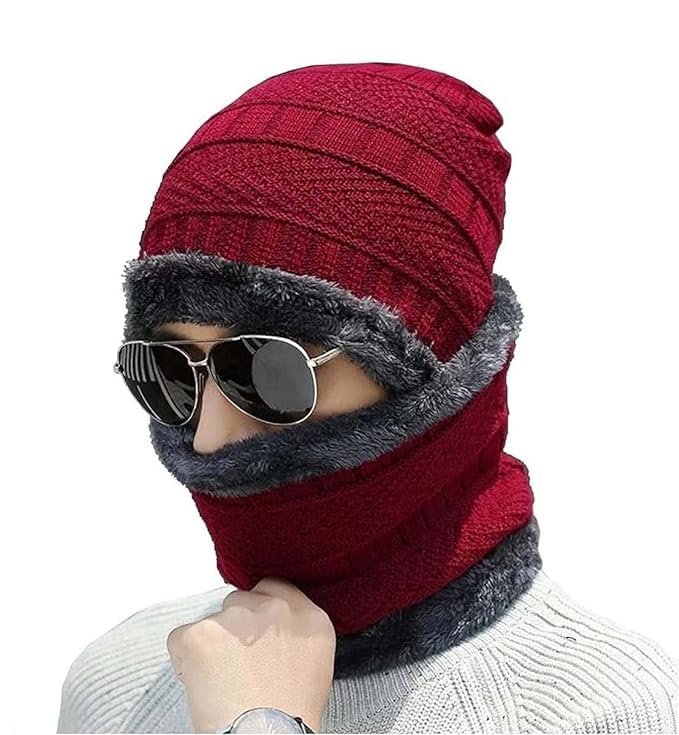 Image of Woolen Cap for Men - Winter Wear Topi with Neck Scarf Cover Muffler Face Cover, Hello Kitty Unisex Beanie Caps with Neckwarmer Set of 2 Free Size