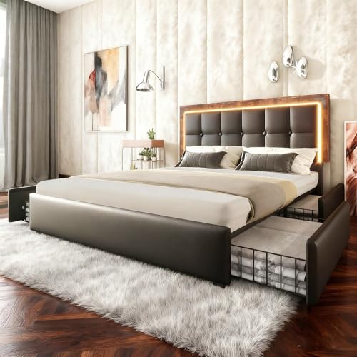 Polsterbett 140x200 cm mit höhenverstellbarem Kopfteil & LED - Schwarz PU mit 4 Schubladen - Funktionsbett inkl. Matratze