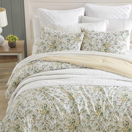 Image of Laura Ashley - Full /Queen Comforter Set, Soft Cotton Bedding with Matching Shams, Floral Home Decor, Oeko-Tex Certified (Country Meadow Gold, Full /Queen)