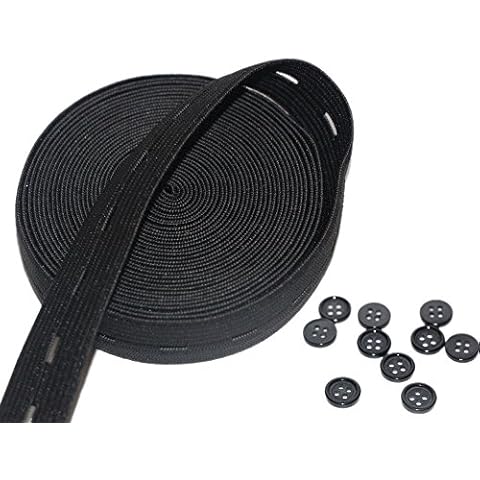 RERIVER Button Hole Elastic Spool 3/4-Inch Wide Knit Stretch Band and 10pcs Resin Buttons,Black Cover