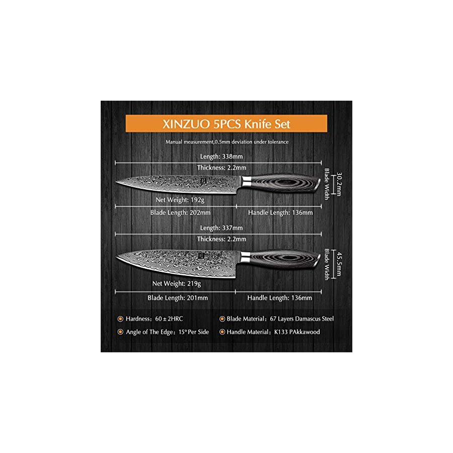 XINZUO 5PC Kitchen Knife Set Damascus Steel High Carbon Steel Chef Knife Slicing Knife Santoku Knife Utility Knife Paring Knife Sets with Pakkawood - Ya Series