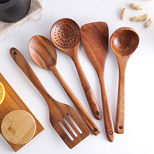 Set di 7 cucchiai di legno e spatole da cucina in legno di tek con
