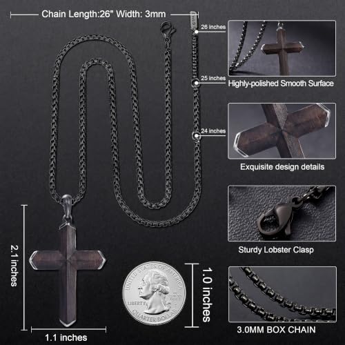 Image of Wooden Cross Necklace for Men with Stainless Steel Adjustable Chain 24-26in, Christian Wood Crucifix Pendant Gift for Him