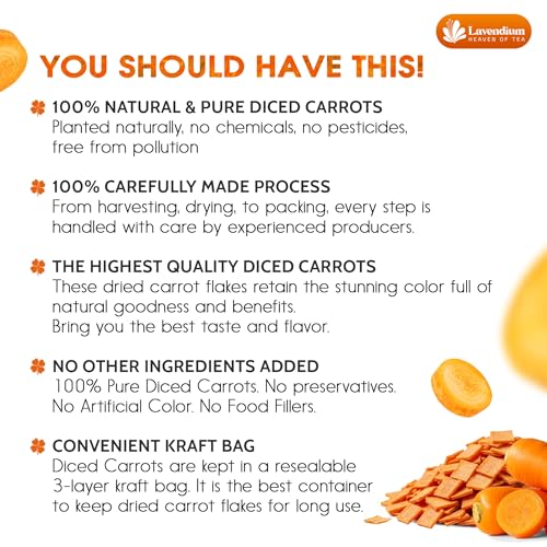 Image of Lavendium, Premium 2.25 lbs (36 oz) Dried Diced Carrots, 100% Natural & Pure Dehydrated Carrots, No Additives or Preservatives, Non-GMO, Gluten-Free, Plant-Based & Vegan, Perfect for Soups, Cooking & Meal Prep