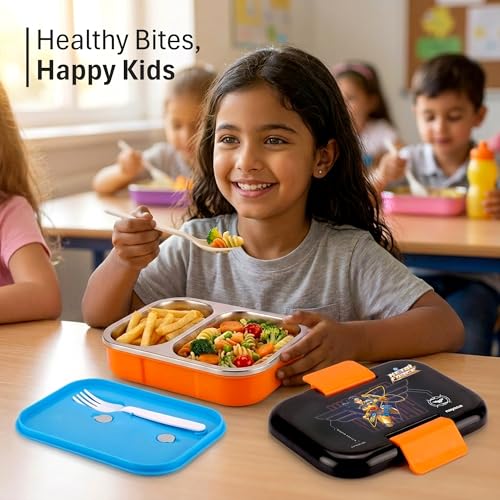 Image of Nayasa Marco Wonder Women Print 2 Compartment Stainless Steel Insulated Lunch Box for Kids | Vacuum Sealed Leak Proof Tiffin Box | 650 ml | Orange & Black