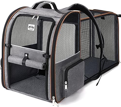 Lekespring Erweiterbarer Katzenrucksack für Katzen und Hunde bis 8 kg, Grau | Faltbarer Haustier-Rucksack mit 4 Mesh-Fenstern, 4 Eingängen, Sicherheitsleine, weicher Matte und 2 Se