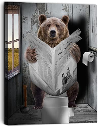 Vantboo Brown Bear Reading Newspaper In Toilet Canvas Prints Wall Art Paintings Home Decor Artworks Pictures For Living Room Bedroom Bathroom Decoration Ready To Hang 16x20 Inches