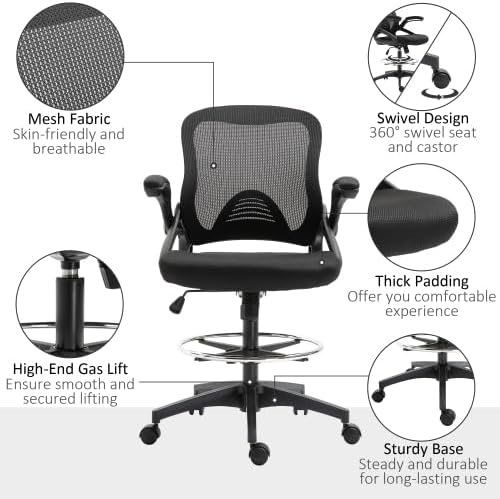 NFMOD Mesh Drafting Chair, Tall Office Chair with Lumbar Support, High-Back Ergonomic Standing Desk Stool with Flip-Up Armrests, Adjustable Footrest Ring and Adjustable Seat Height, Black