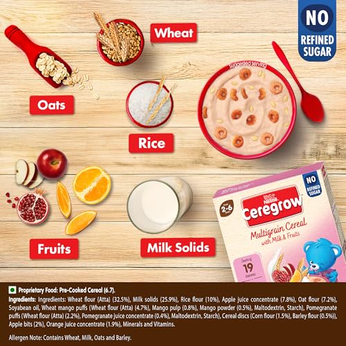 Image of CEREGROW with NO Refined Sugar, Multigrain Cereal with Milk & Fruits, Source of 19 Nutrients (Iron, Omega 3, Protein, Calcium), Free Steel Bowl, 300g, Bag-in-Box Pack (Pack of 2)