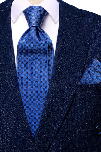 Image of Hi-Tie Mens Plaid Ties Classic Paisley Necktie with Handkerchief Cufflinks Set Business Stripe Tie