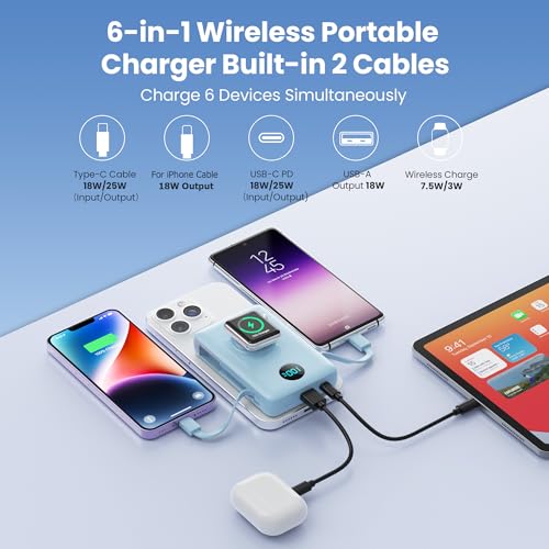 Image of 6 in 1 Magnetic Portable Charger for iPhone with Built-in Cables, 10800mAh 25W PD Fast Charging Power Bank, 6 Outputs LCD Display Travel Essential Battery Pack for iPhone 17 /16 /15 /14 /13 /12 (Sky Blue)