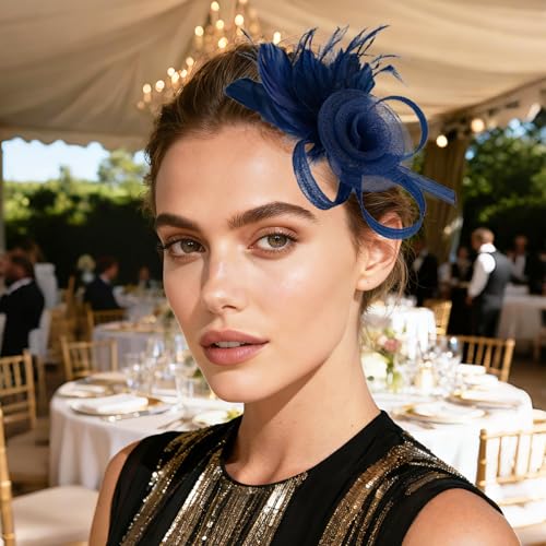 VLYX Fascinator Haarclip in Marineblauem Vintage-Look mit Spitze und Federn für Damen, ideal für Hochzeiten und besondere Anlässe