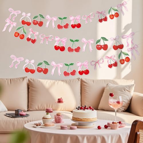 Image of Cherry Party Decorations Cherry and Bow Hanging Banner 4PCS Cherry On Top Baby Shower Decorations for Birthday Bridal Shower Bachelorette Wedding Party Supplies