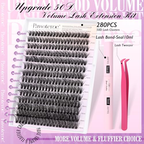 Image of Pawotence Lash Extension Kit DIY Individual Lash Clusters Kit Full 50D with Lash Bond and Seal and Lash Applicator, 9-16mm Clusters Eyelash Extension Kit at Home (Full 50D, 9-16mm, Kit)