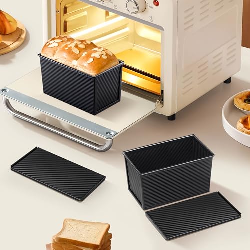 Image of LIANYU 2 Pack Pullman Loaf Pan with Lid, 1 Pound Dough Bread Loaf Pans | Nonstick Metal Bakeware for Sourdough Sandwich Homemade Bread, Carbon Steel Corrugated Toast Tin, Black
