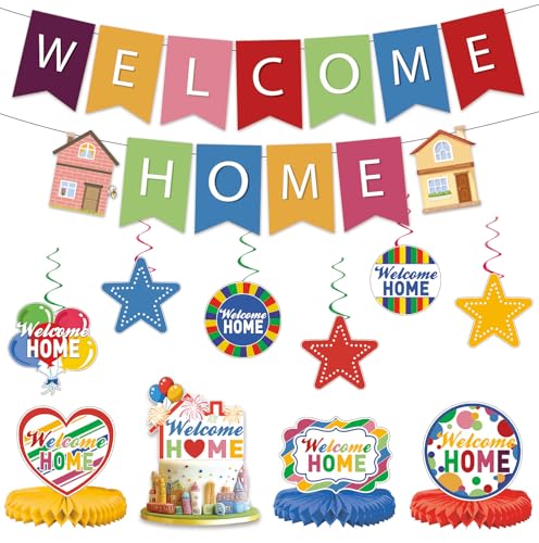 Welcome Home Decorations Welcome Home Banner with Stars Hanging Swirl Streamers Honeycomb Ornaments Cake Topper Welcome for Welcome Home Party Decorations