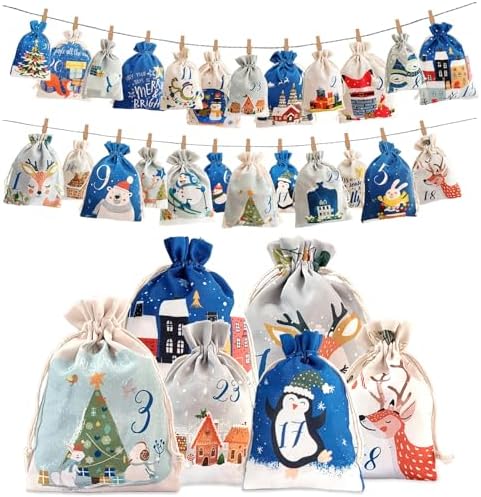Adventskalender zum Befüllen, Weihnachtskalender Selber Befüllen Kinder, Adventskalender zum Selbstbefüllen stoff, 24 Weihnachtskalender zum Befüllen Säckchen, Adventskalender (Bla
