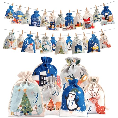 Calendario de Adviento para rellenar, 24 bolsas de tela para rellenar y colgar, 2025 bolsas de regalo de Navidad (azul, 10 x 14 cm + 13 x 18 cm)