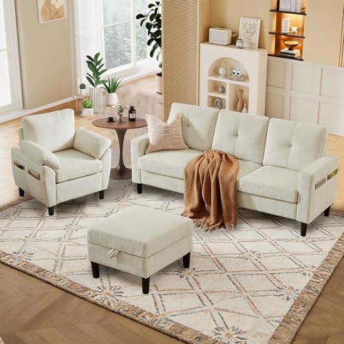 Image of 3 Pieces Sofa Set for Living Room with Sofa, Storage Ottoman and Single Chair