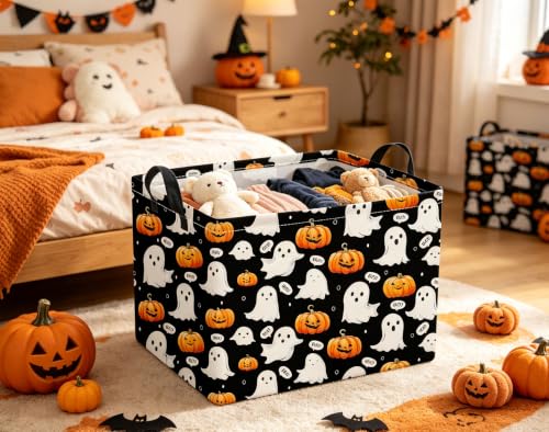 Image of Halloween Basket Cute Baskets for Kids Pumpkin Basket Rectangular Storage Bin Organizer Box Room Decor(Black Ghost Pumpkin)