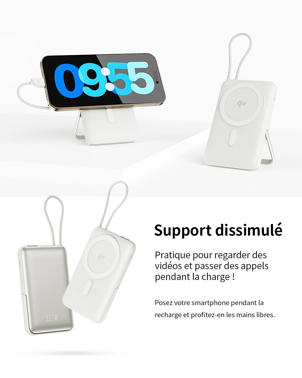 Power Bank Magnétique sans Fil 15000mAh, Support Pliable, Câble Type-C Intégré, Affichage Numérique, Compatible avec Plusieurs Appareils, Batterie Externe Portable(Gris)