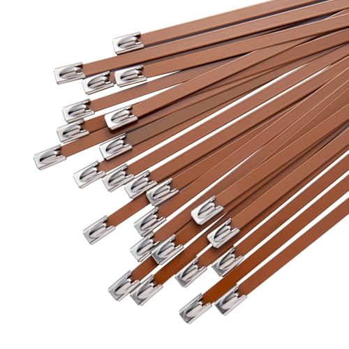 SCITOOLS Metal Zip Ties Brown 11.8-Inch 304 Stainless Steel Zip Ties Heavy Duty 270LBS Tensile Strength Wire Multifunctional Locking Exhaust Wrap Flexible Durable 30 PCS