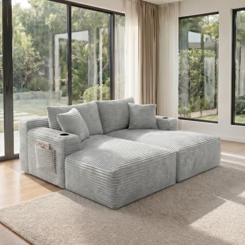 Image of 133 inch U-Shaped Modular Sectional Sofa, Corduroy Boneless Couch, Light Grey | Cloud Luxury Comfort, Couches for Living Room, Storage & Cupholder, Oversized Sofa, Deep Seat, No Assembly Required