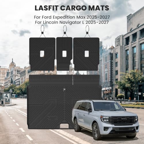 Image of LASFIT Floor Mat with Ford Expedition Max 7&8 Seats 2025 2026 2027 | Backrest Mat fit Lincoln Navigator,Costom Fit All Weather Protection TPE Easy Clean Cargo Liners,4pcs,Black