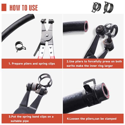 Image of AKIHISA 100Pcs 6-25mm Spring Band Hose Clamp Assortment Kit with Hose Clamp Pliers, 15 Sizes Spring Hose Clip Fuel Line Silicone Vacuum Hose Pipe Clamp, Air Hose Tube Water Pipe Fasteners