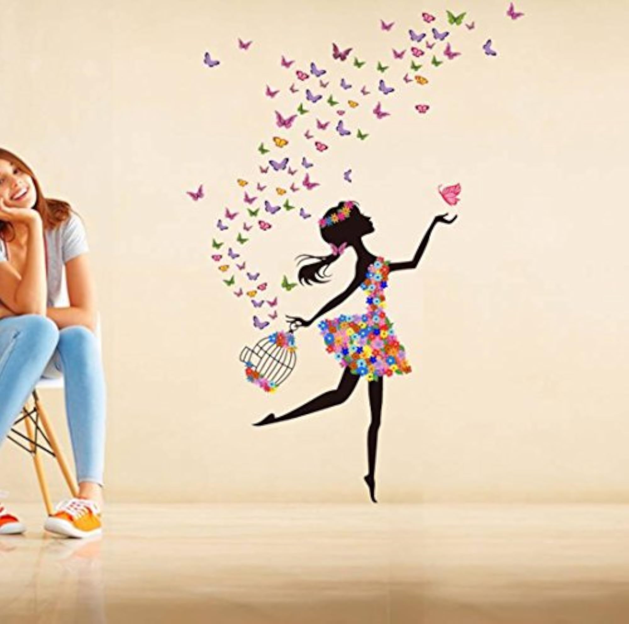 'Dreamy Girl with Flying Colourful Butterflies' Wall Sticker