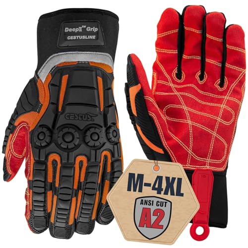 Cestus Deep II Grip, Extrication Gloves, PVC Palm, Kevlar-Stitched, Impact Gloves for Men (Red Palm, X-Large)